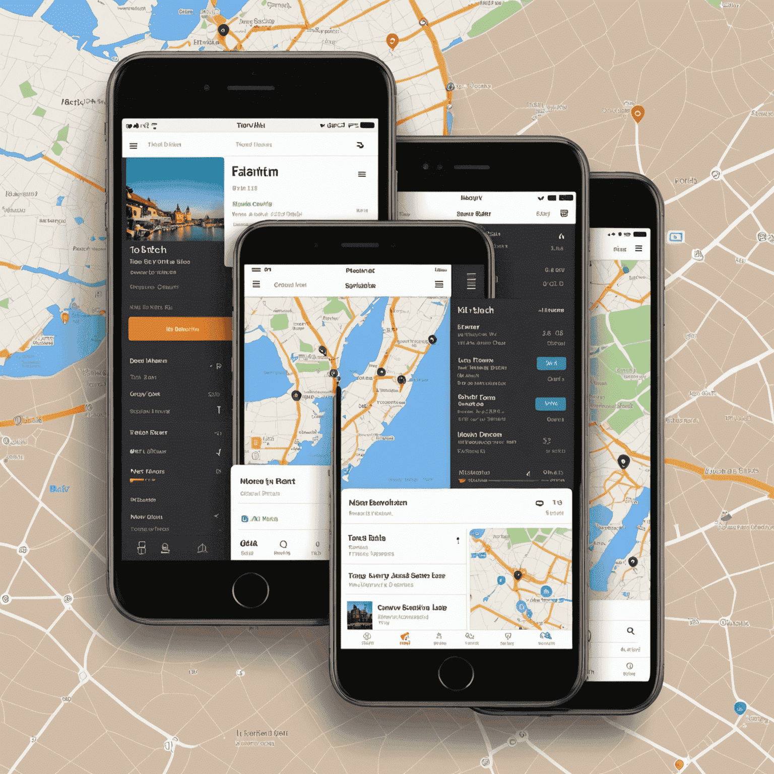 A sleek and modern interface showing a travel itinerary planner with maps, flight details, and hotel bookings