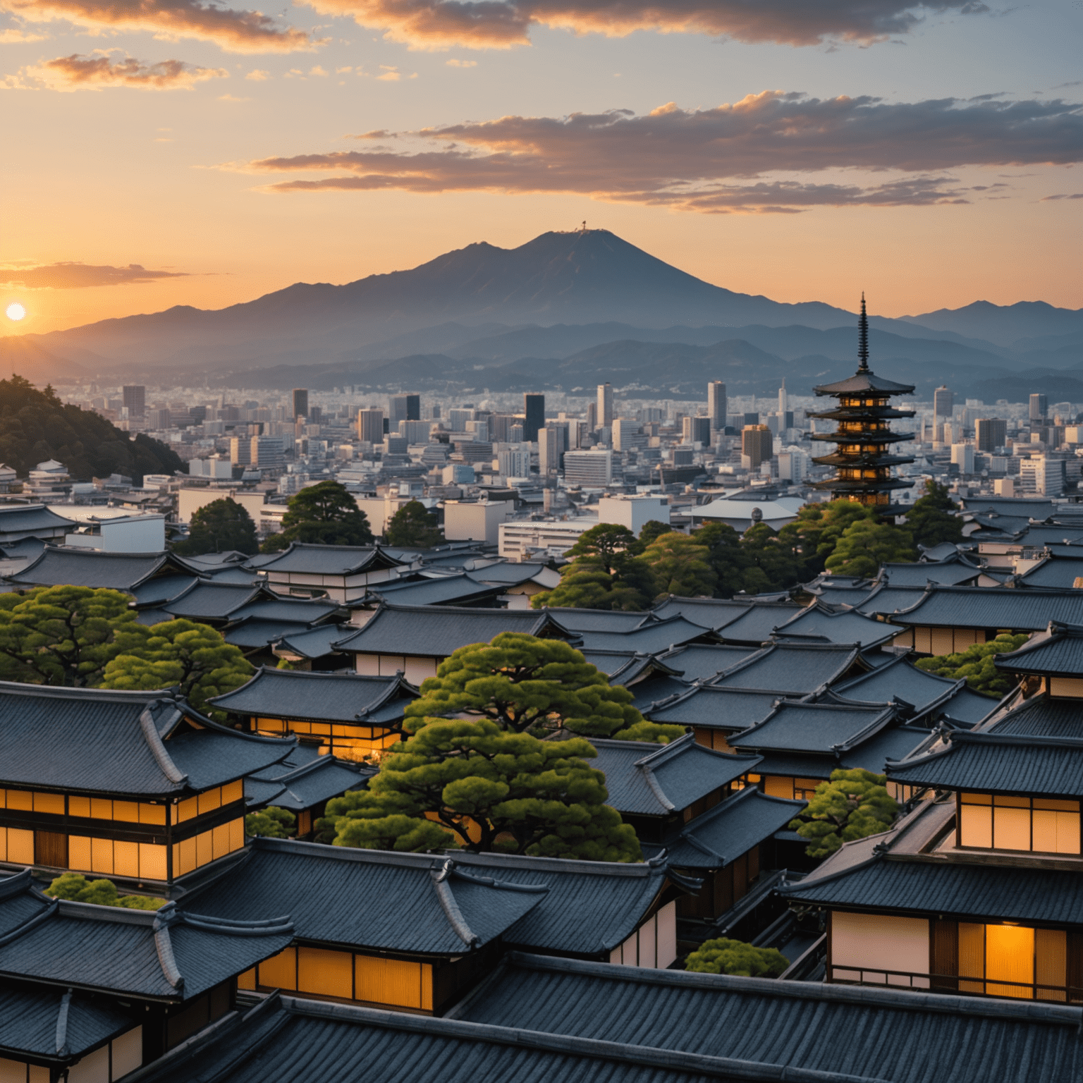A panoramic view of Kyoto's skyline at sunset, showcasing traditional Japanese architecture alongside modern buildings, with Mount Hiei in the background