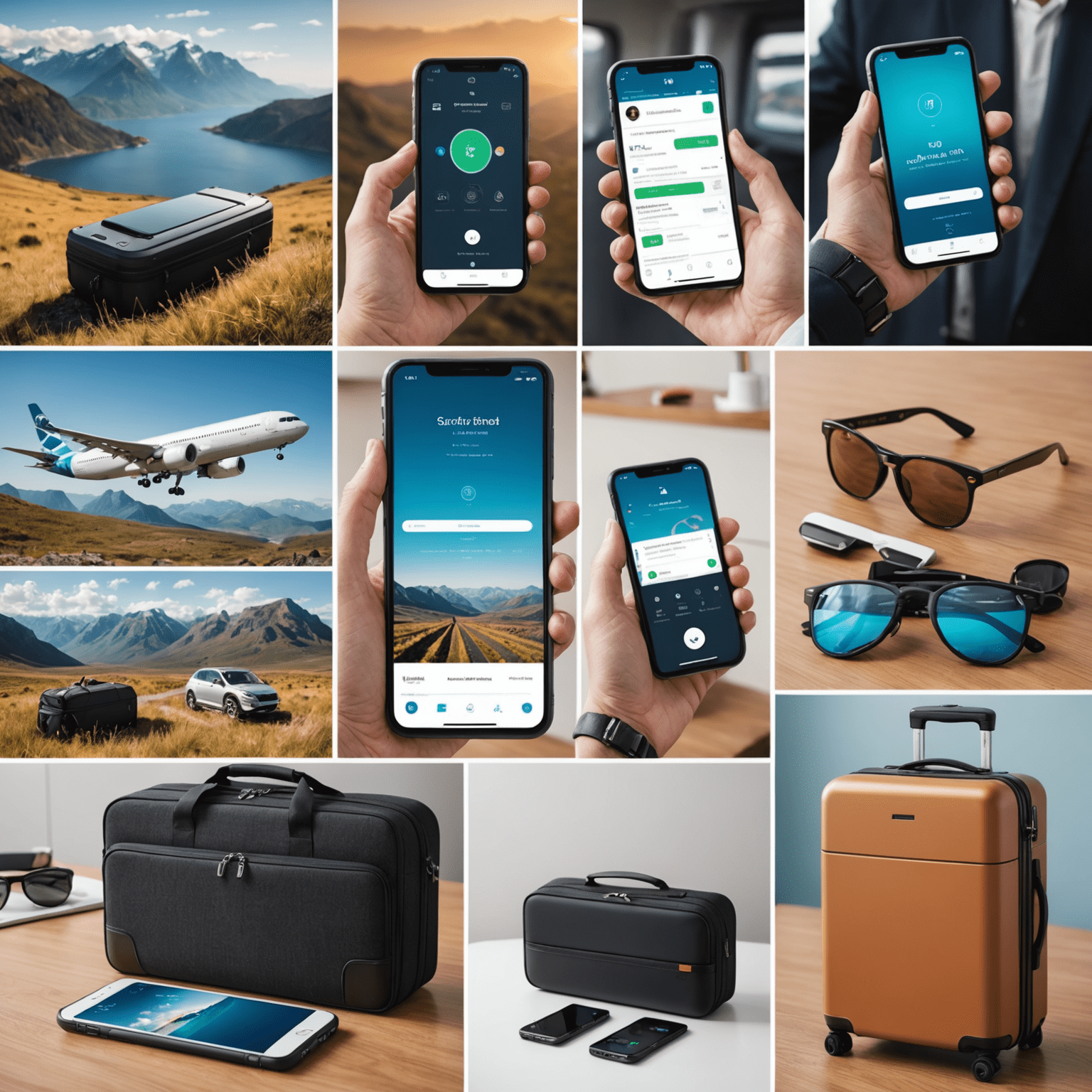 Collage of travel tech innovations: smartphone with travel app, smart luggage, AR glasses for navigation, and contactless payment methods