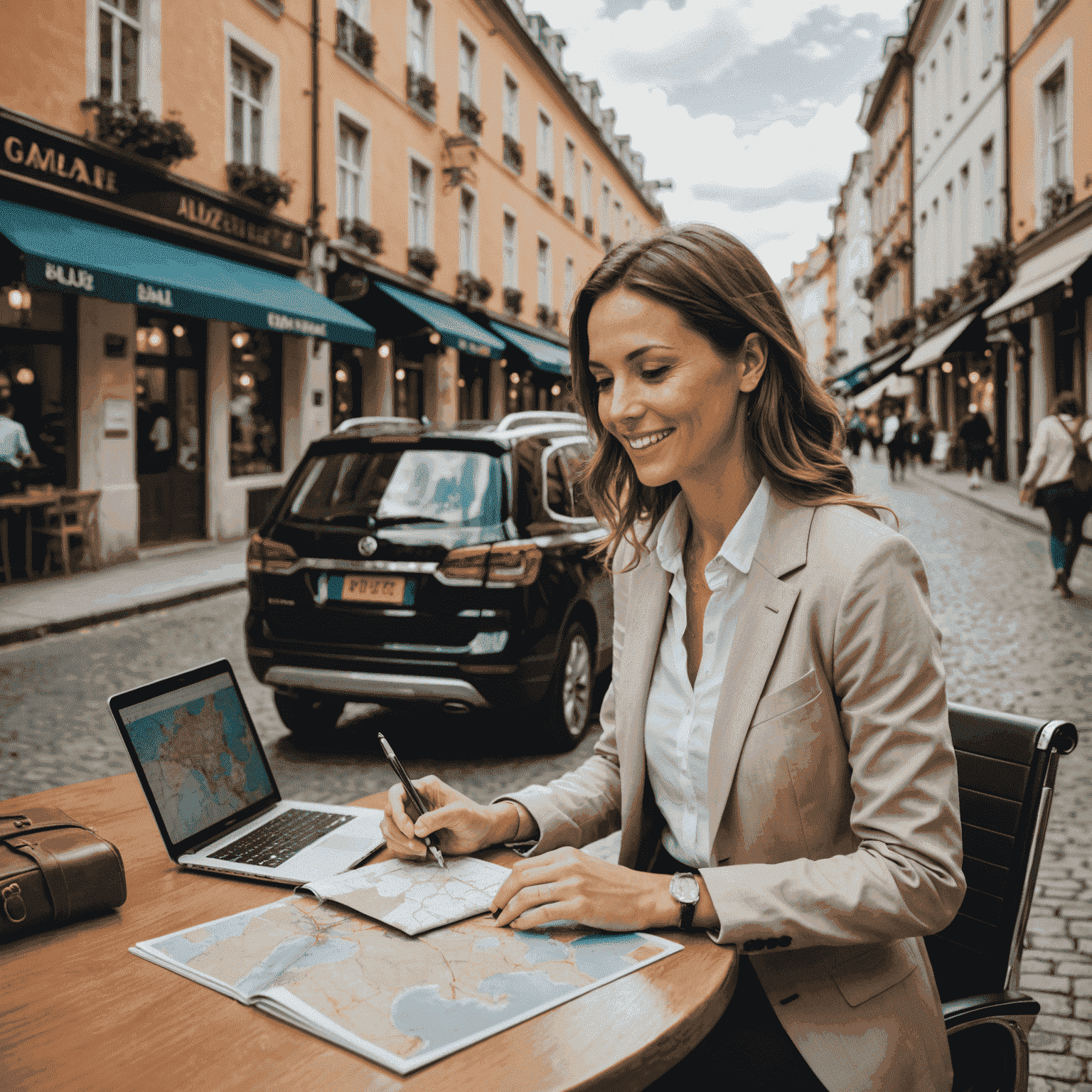 A travel agent working on a personalized itinerary with maps, guidebooks, and a laptop, showcasing tailored trip planning services