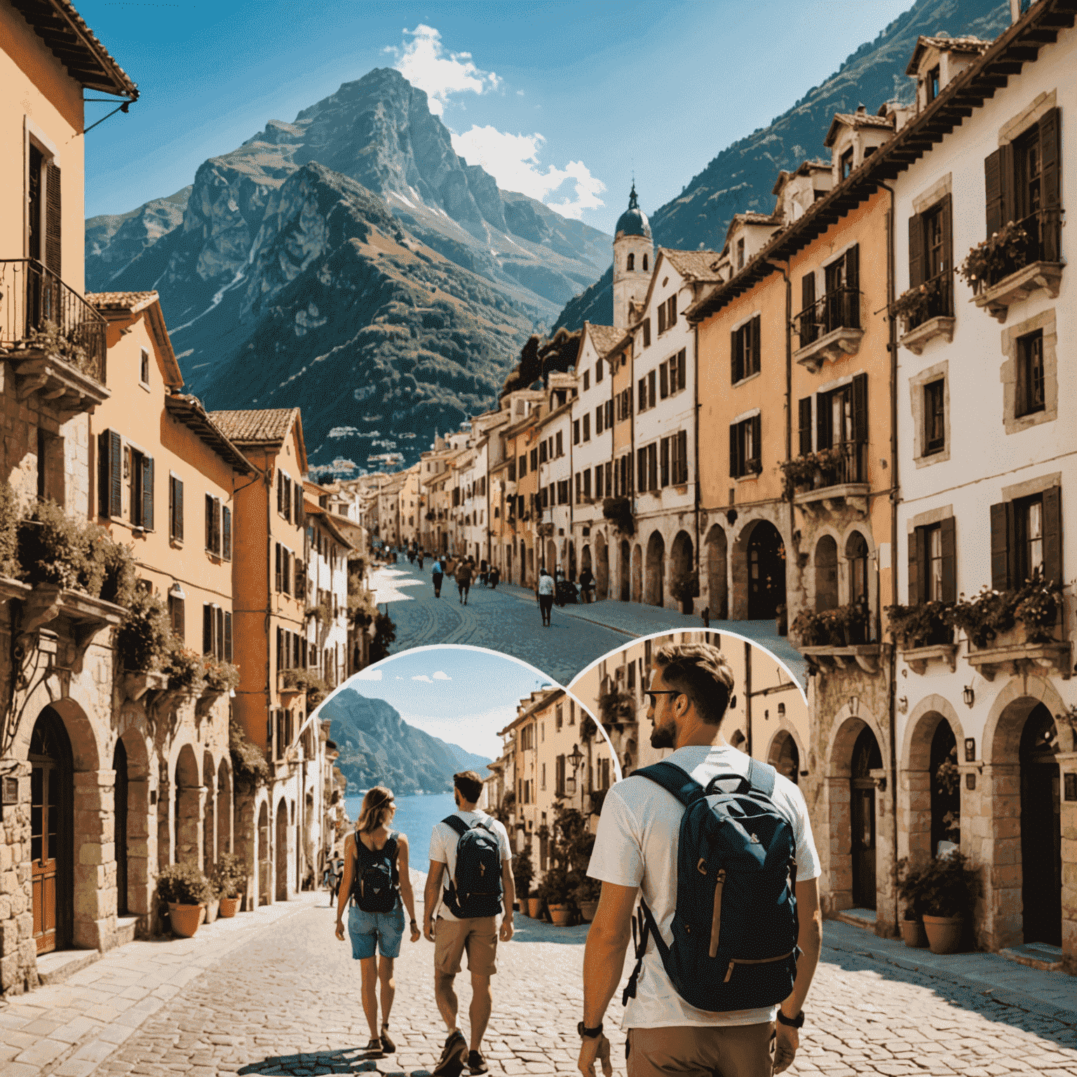 A collage of travel experiences: a luxurious beachfront resort, a hiker overlooking a mountain vista, and a couple exploring a charming European city street. The image showcases the diversity of trip planning options offered by Instarem.