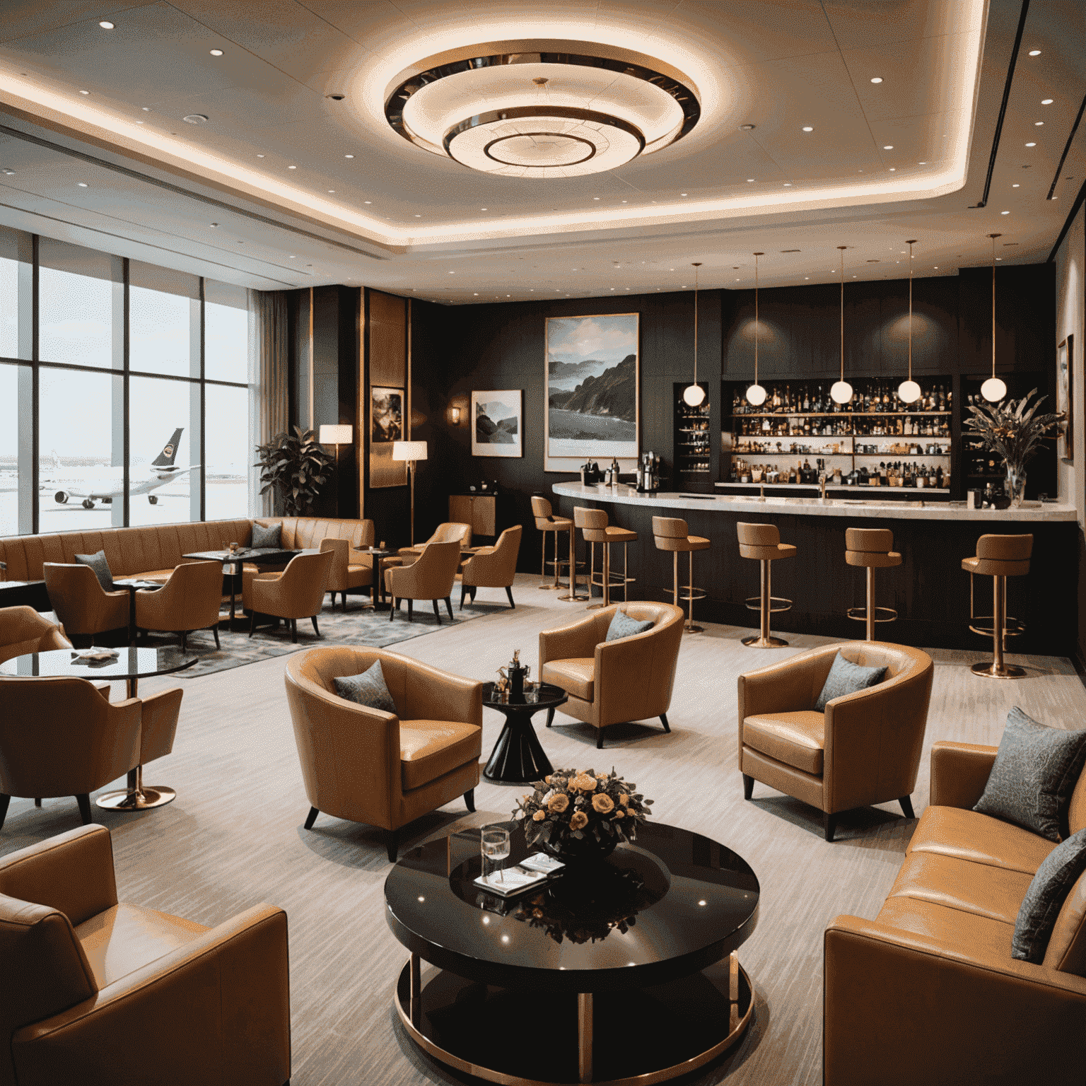 A luxurious airport lounge with comfortable seating, a bar area, and travelers enjoying exclusive perks