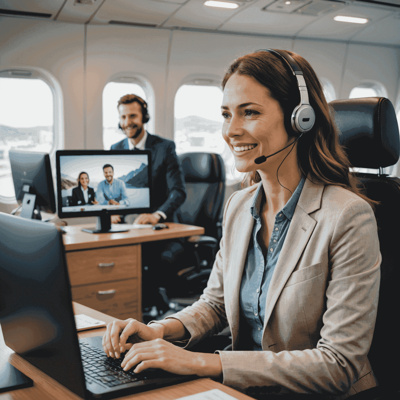 A professional travel support agent assisting a traveler via video call. The agent is wearing a headset and looking at multiple screens, while the traveler appears relieved and grateful for the assistance.
