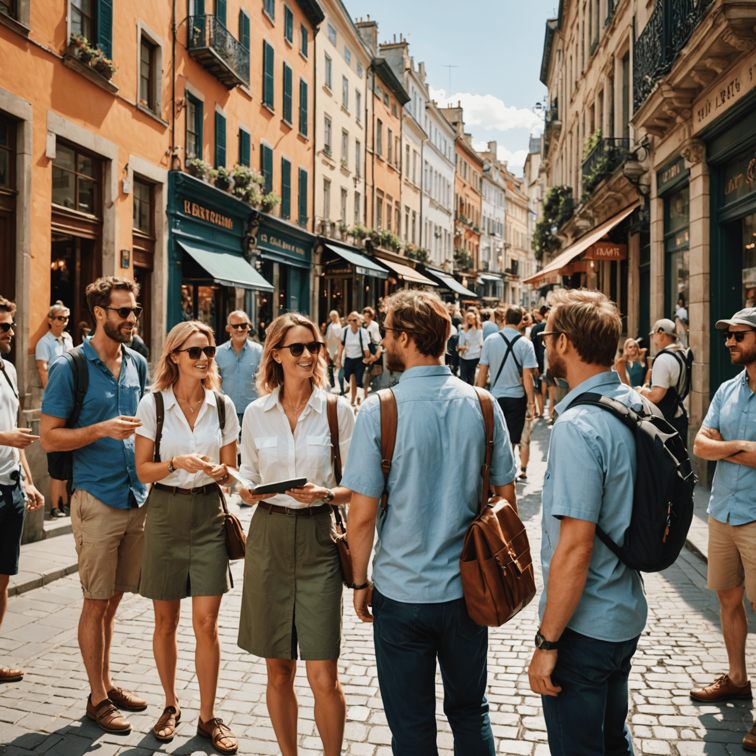 A group of tourists exploring a vibrant city street, guided by a local expert pointing out architectural details and hidden gems