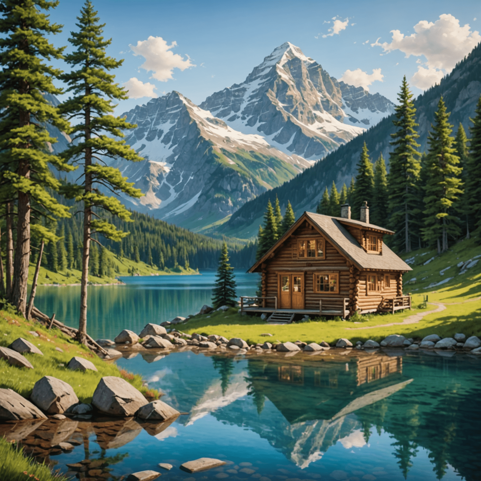 A serene mountain landscape with snow-capped peaks, lush green forests, and a clear blue lake reflecting the scenery. A small, cozy wooden cabin is visible near the shore, offering a perfect retreat for nature lovers.