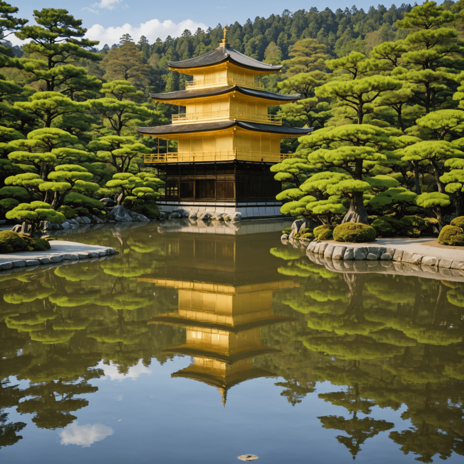 A serene view of the Kinkaku-ji (Golden Pavilion) reflecting in the mirror pond, surrounded by meticulously manicured Japanese gardens