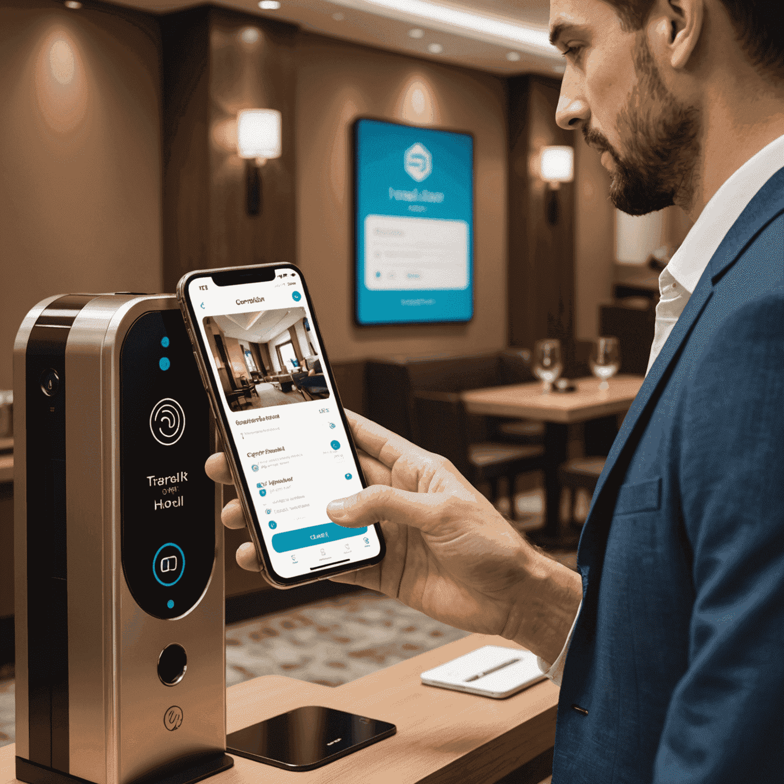 Traveler using smartphone for contactless hotel check-in and room key access