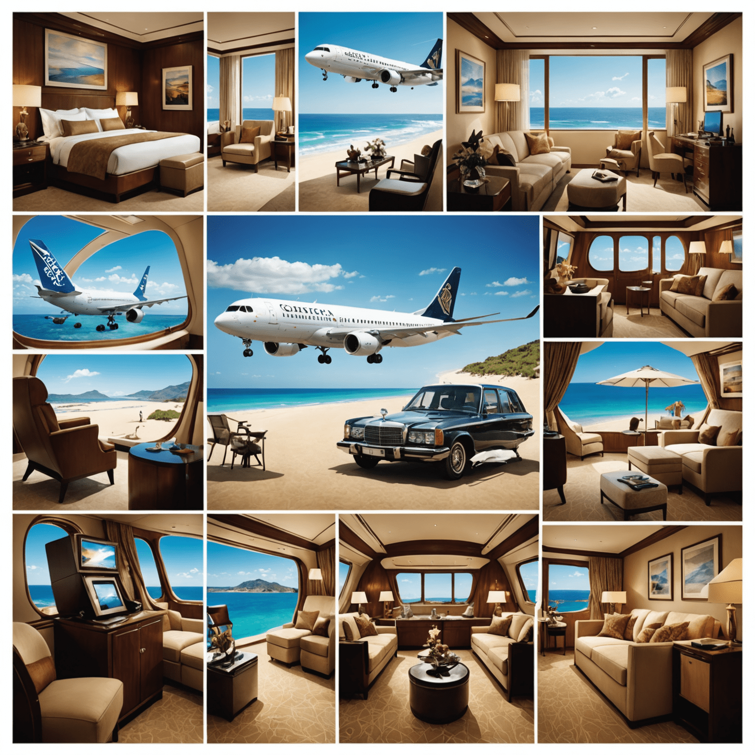 A collage of travel rewards including luxury hotel rooms, first-class airline seats, and exotic destinations