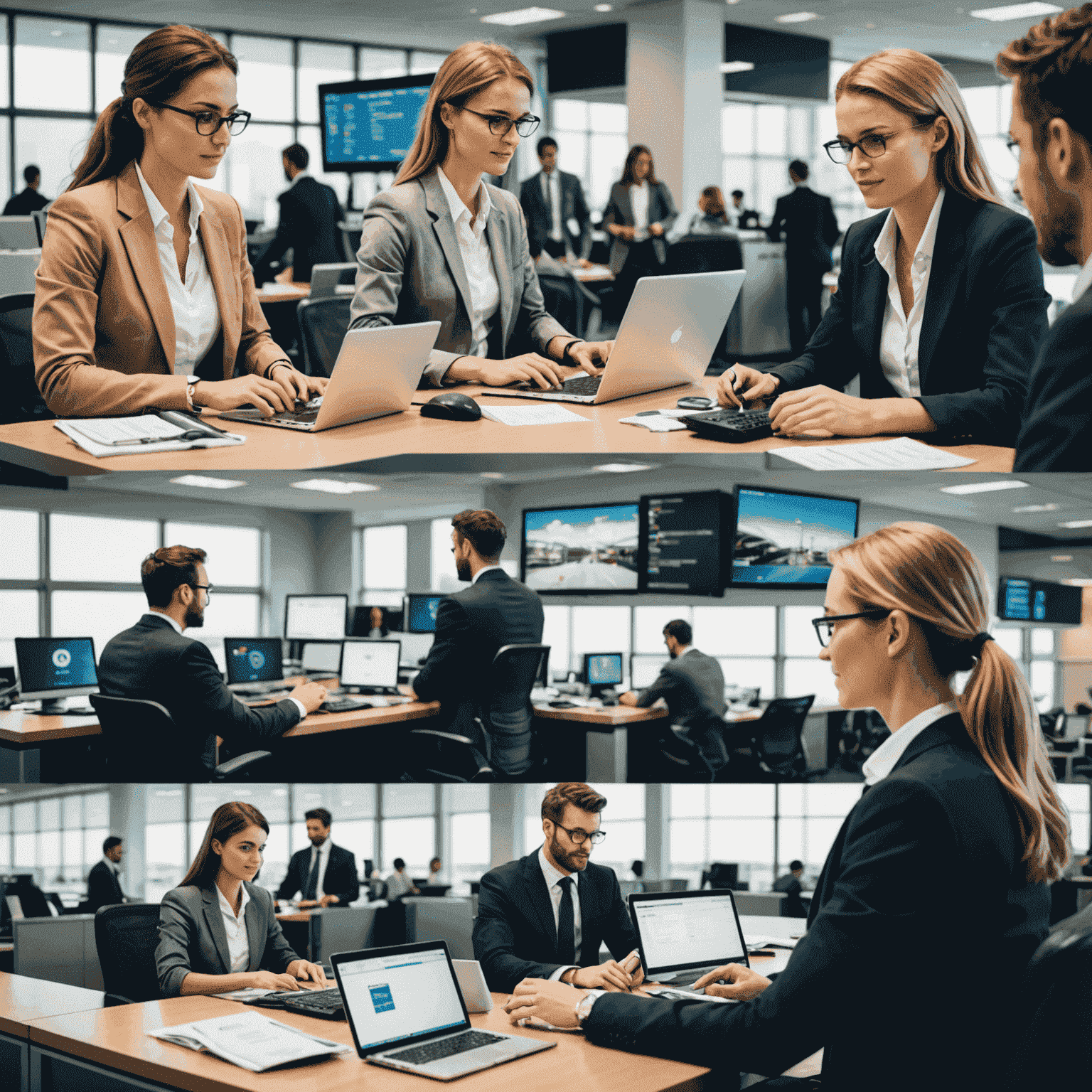 A collage of travel support scenarios: a support agent helping with a booking on a computer, another assisting a traveler at an airport, and a third handling post-trip inquiries in an office setting.