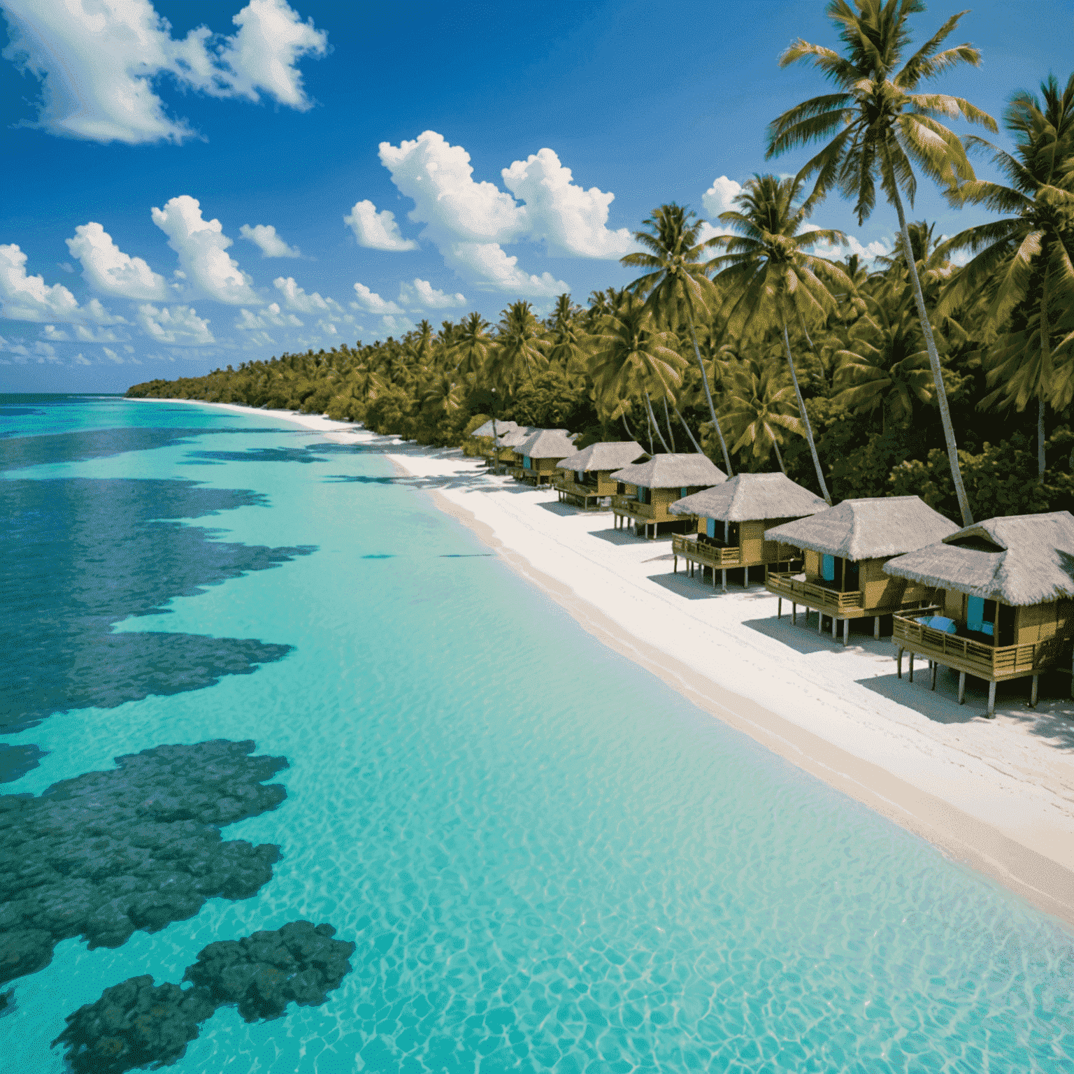 A stunning tropical beach with crystal-clear turquoise waters, white sand, and lush palm trees. Overwater bungalows can be seen in the distance, promising a luxurious and secluded island getaway.