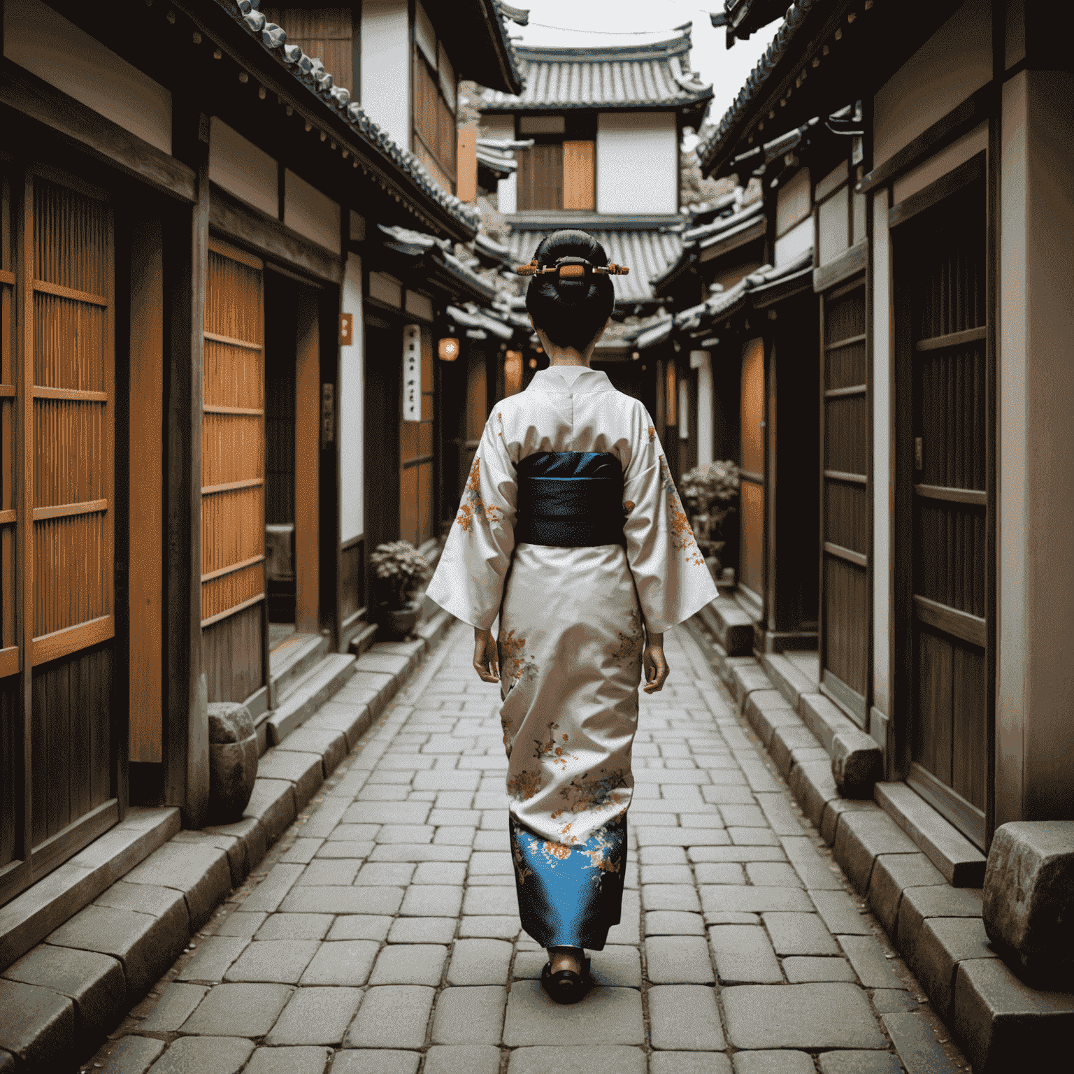 A picturesque scene of a geisha walking along a narrow stone-paved street in Gion, Kyoto, with traditional wooden machiya houses lining both sides