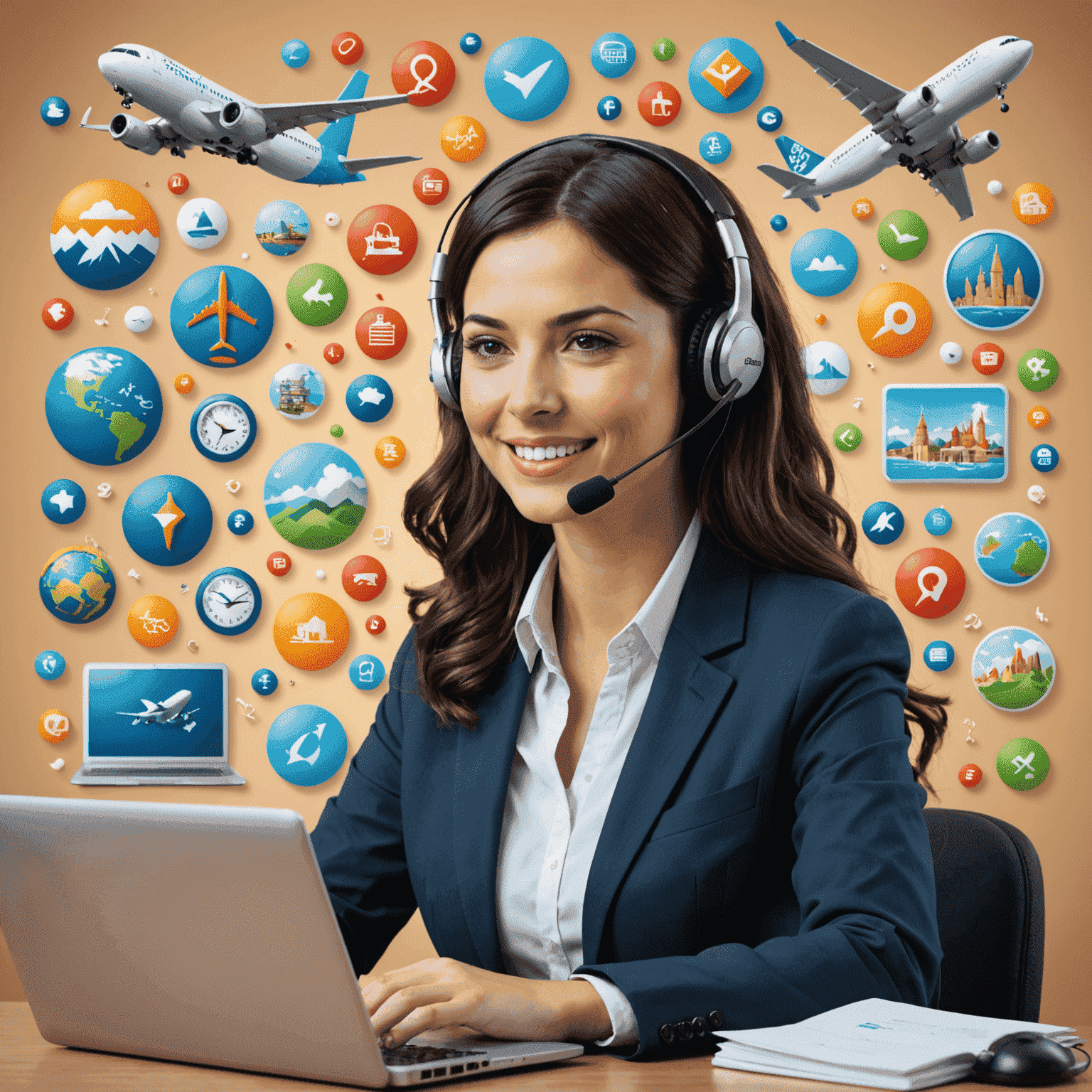 A friendly customer support representative with a headset, surrounded by travel-related icons, symbolizing 24/7 personalized assistance
