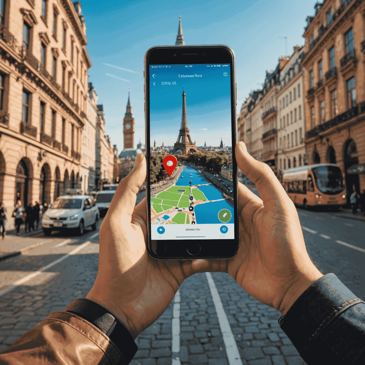 A traveler using a digital map on a smartphone, surrounded by iconic city landmarks