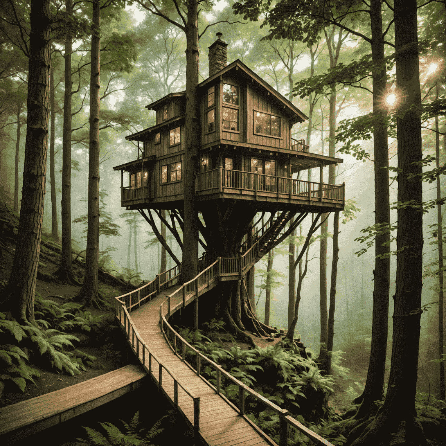 A secluded treehouse nestled in a dense, misty forest. Sunlight filters through the canopy, illuminating a wooden walkway that leads to the elevated structure. The treehouse features a wrap-around balcony and large windows for immersive forest views.