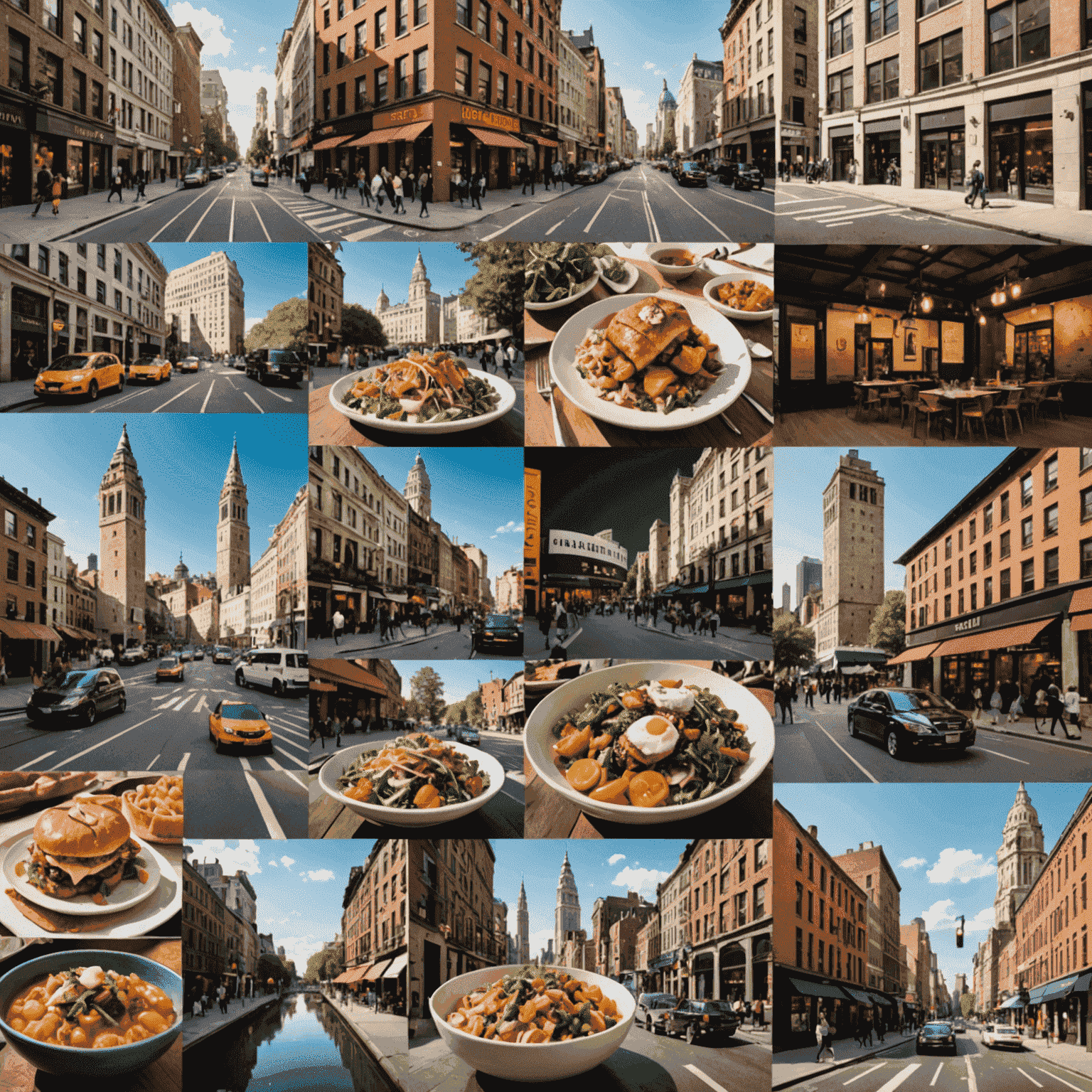 A collage of urban landmarks, local cuisine, and cultural experiences, representing curated city exploration packages