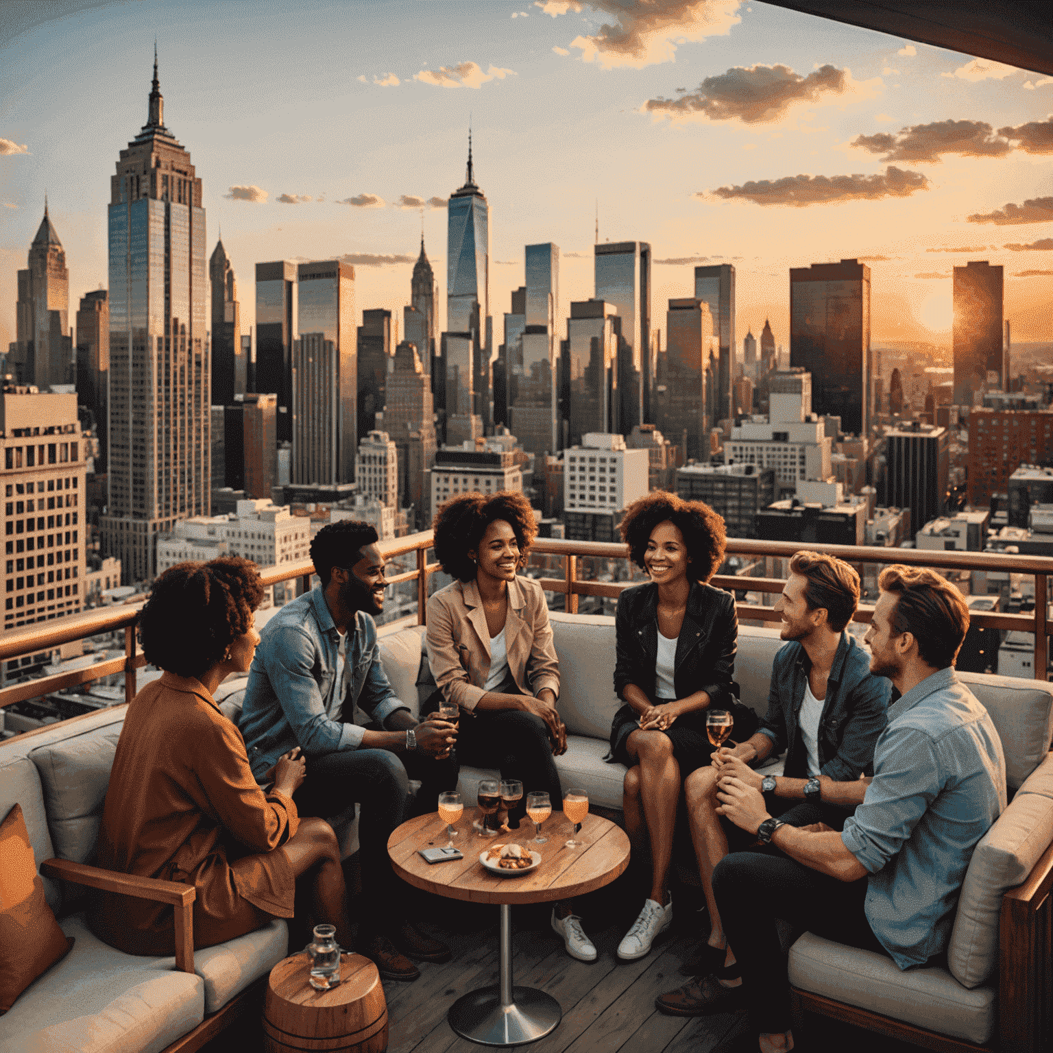 A diverse group of travelers enjoying a sunset view from a rooftop bar in a cosmopolitan city