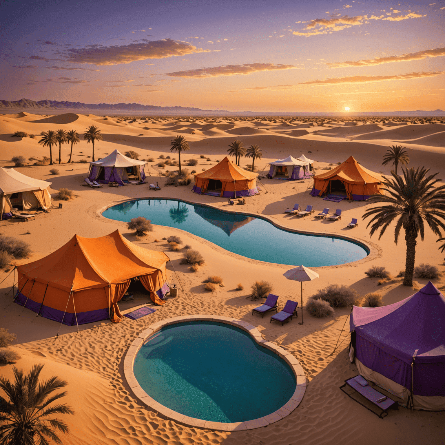 A luxurious desert camp at sunset, with elegant tents featuring private terraces. The golden sand dunes stretch to the horizon, and a small oasis with palm trees and a natural pool is visible nearby. The sky is painted in vibrant oranges and purples.