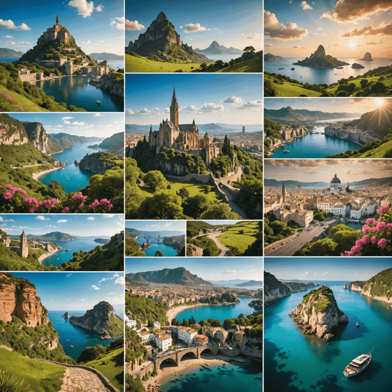 A picturesque landscape featuring a mix of iconic landmarks from various destinations, showcasing the diversity of travel experiences